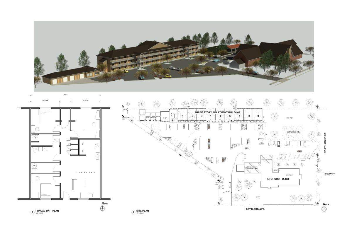 The church would build a 80 to 100 person dormitory complex for those struggling with homelessness, drug addiction and alcoholism. A rendering of the complex is shown at top, with a preliminary site plan at bottom right and a possible dorm layout at bottom left.