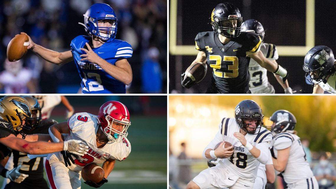 Clockwise from top left, Emmett’s Caden Young, Bishop Kelly’s Seth Knothe, Nampa’s Trais Higgins and Middleton’s Ky McClure were voted to the 4A SIC all-conference team by the league’s coaches.