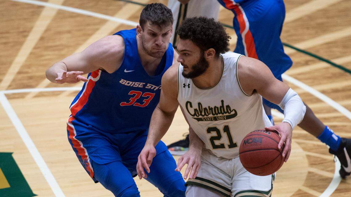 Colorado State’s David Roddy, right, goes up against Boise State’s Mladen Armus on Wednesday at Moby Arena in Fort Collins, Colorado. Roddy had 27 points and 15 rebounds as the Rams defeated the Broncos 78-56.