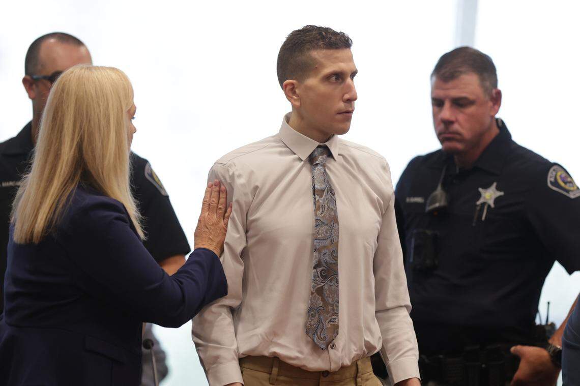 Bryan Kohberger, center, was charged with murdering four University of Idaho students in November 2022, at a change-of-plea hearing on Wednesday at the Ada County Courthouse. At left, his public defense team was represented by attorney Anne Taylor.
