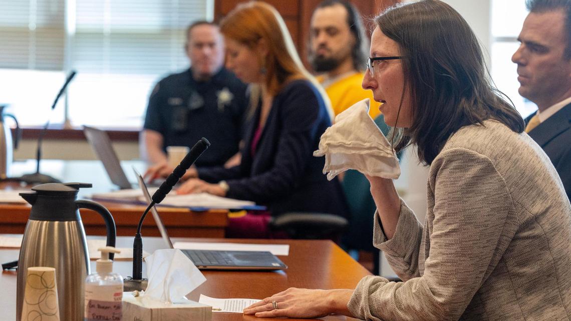 Hallie Johnson, sister of Milo Warnock, gives her victim impact statement at the sentencing of James Johnson at the Ada County Courthouse.