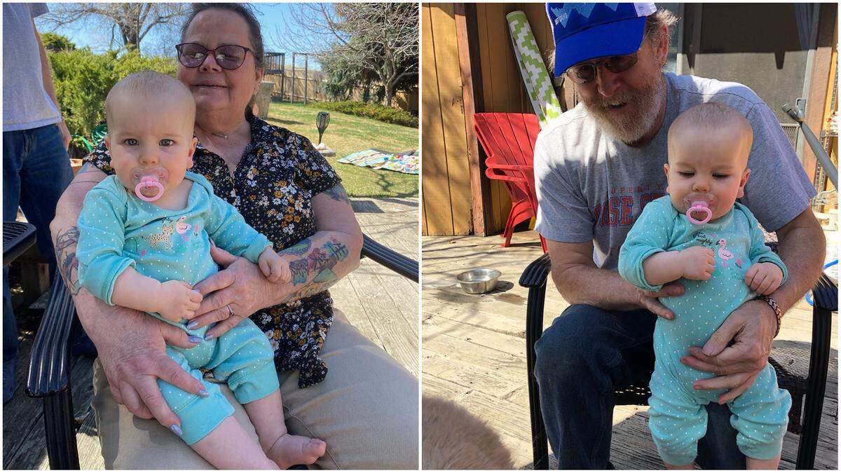 Ten-month-old Margaret Doty-Jones saw her grandparents, Lynn Doty, left, and Terry Doty, right, without masks on for the first time in her life this spring after they were able to get COVID-19 vaccines.
