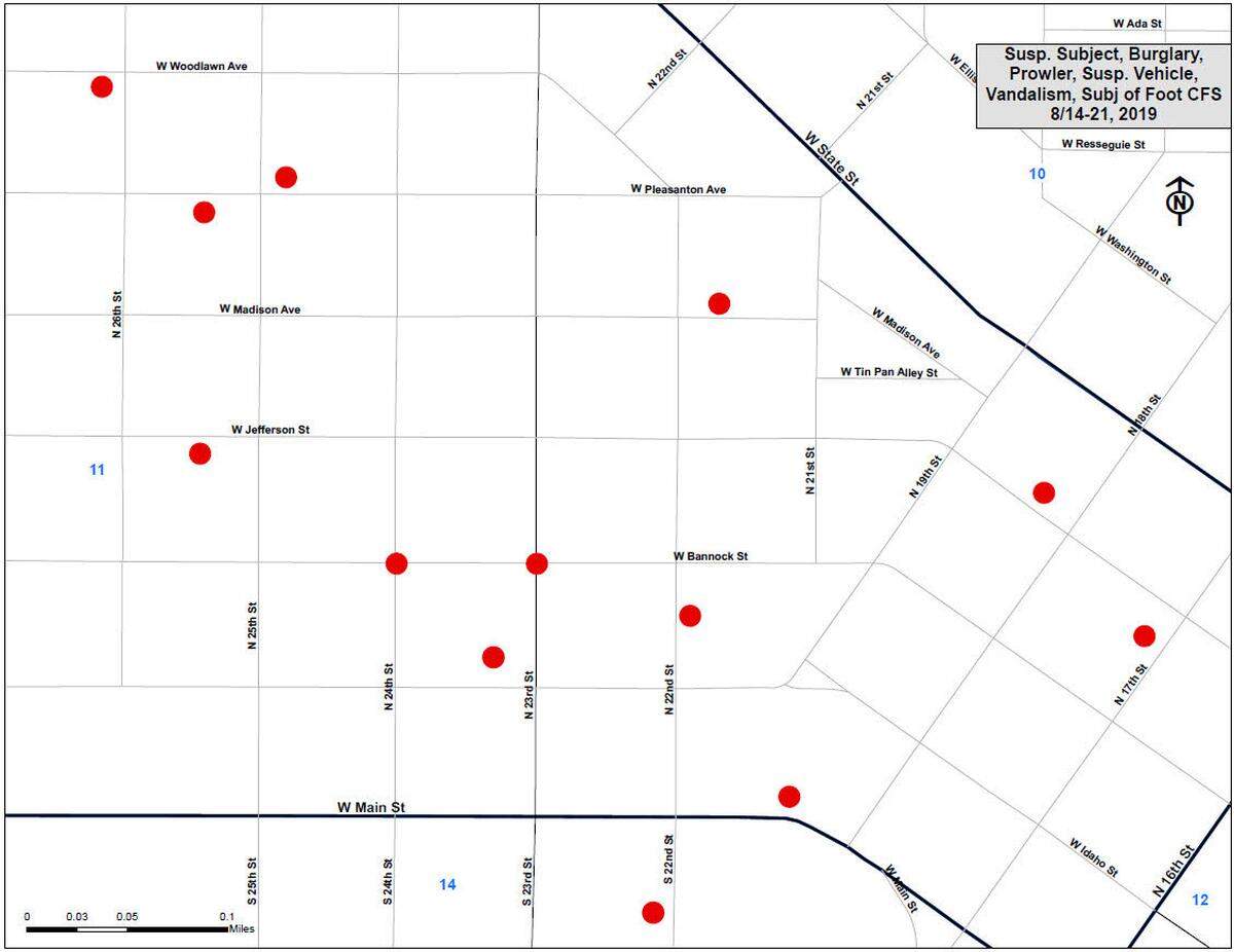 Boise Police released this map showing where reports of break-ins have occurred over the past week.