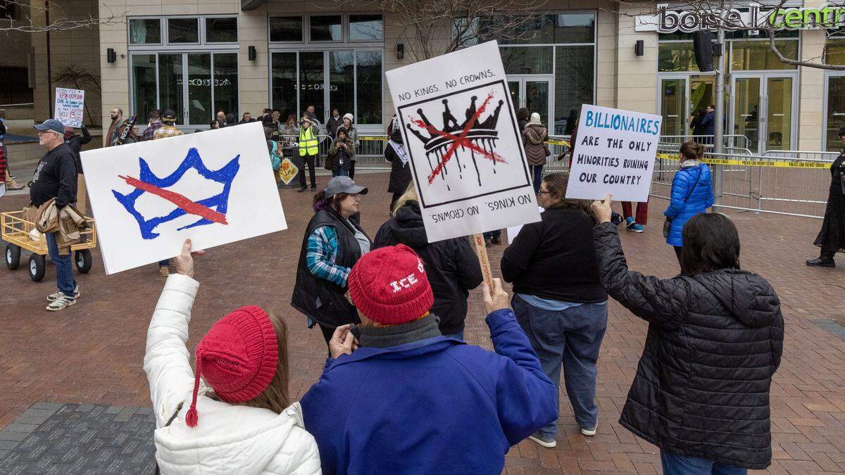A group of around 50 protesters gathered at The Grove Plaza in Boise to make noise and heckle people attending a visit by Donald Trump, Jr. to an Idaho Majority Club Celebrates America 250 event.