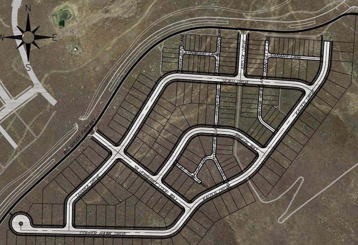 An aerial photo of a map of the proposed 189 homes and private streets in the Spring Valley subdivision in the Eagle Foothills.
