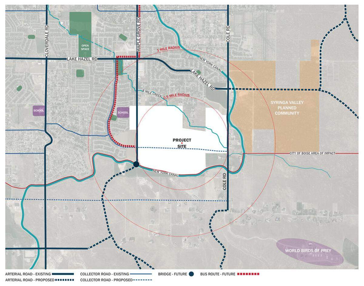 Murio Farms, a proposed planned community, would span across more than 380 acres in Southwest Boise south of Lake Hazel Road, north and west of the New York Canal and across Coal Road from CBH Homes’ Locale subdivision, now under construction and previously known as Syringa Valley.
