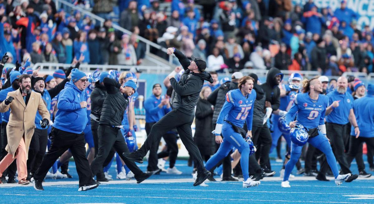 Boise State’s Spencer Danielson celebrates as the final seconds expire to end the win over Air Force at Albertsons Stadium to close the regular season.