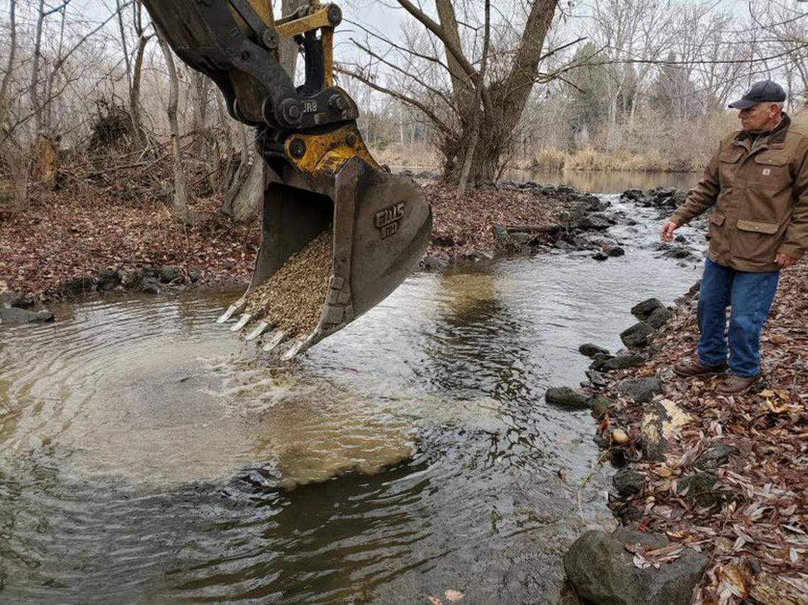 Mike Dimmick from Boise Flood District 10 directs gravel placement during the Boise Valley Fly Fishers’ recent habitat improvement project on the Boise River.