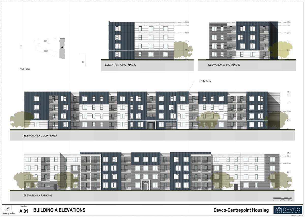 Designs for one of the buildings in the proposed Centrepoint apartments, which could have up to 239 affordable apartments north of The Village on Eagle Road.