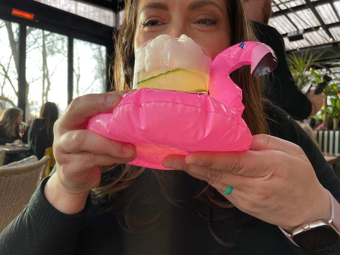 If you order the Foam Party cocktail, you’ll need to hold that inflatable pink flamingo and sip the frothy top.