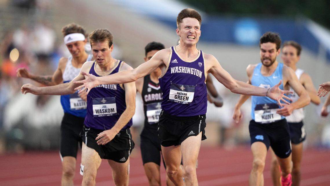 Borah High grad and Washington sophomore Nathan Green celebrates after winning the men’s 1,500 meters in 3 minutes, 42.78 seconds at the NCAA Track & Field Championships on June 9 in Austin, Texas.