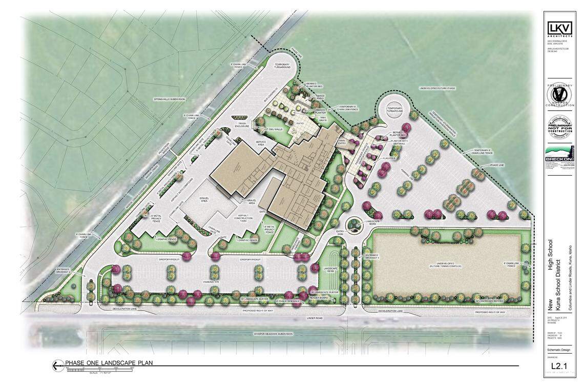 The high school building is in the center of this map, with parking areas on three sides of it and a future tennis complex site at the lower right. The Spring Hills Subdivision is across Mason Creek at left. The Whisper Meadows Subdivision is across Linder Road at the bottom.