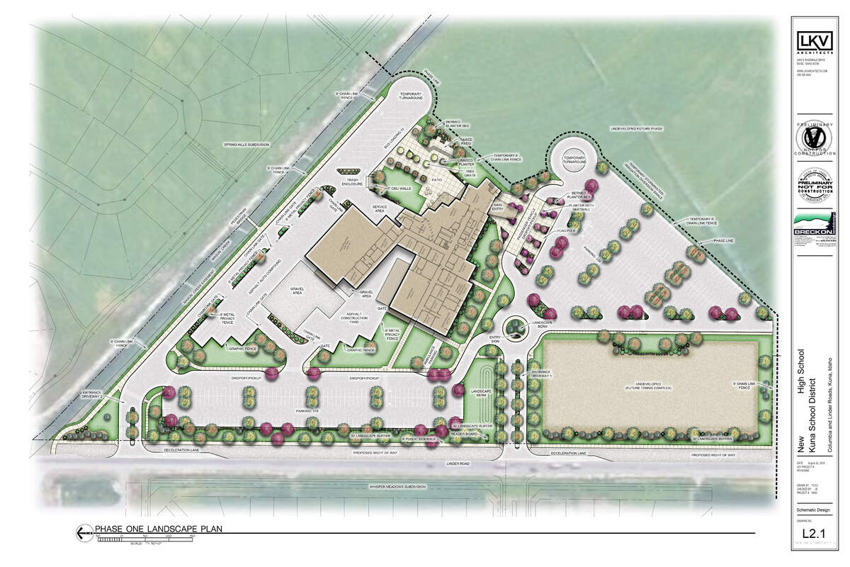 The high school building is in the center of this map, with parking areas on three sides of it and a future tennis complex site at the lower right. The Spring Hills Subdivision is across Mason Creek at left. The Whisper Meadows Subdivision is across Linder Road at the bottom.