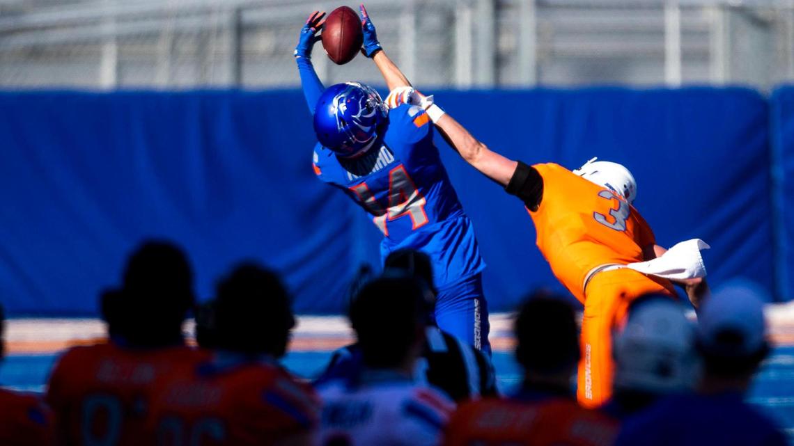 Boise State cornerback Kaonohi Kaniho intercepts a Jack Sears pass intended for tight end Riley Smith in the 2021 Spring Game Saturday, April 10, 2021 at Albertsons Stadium in Boise.