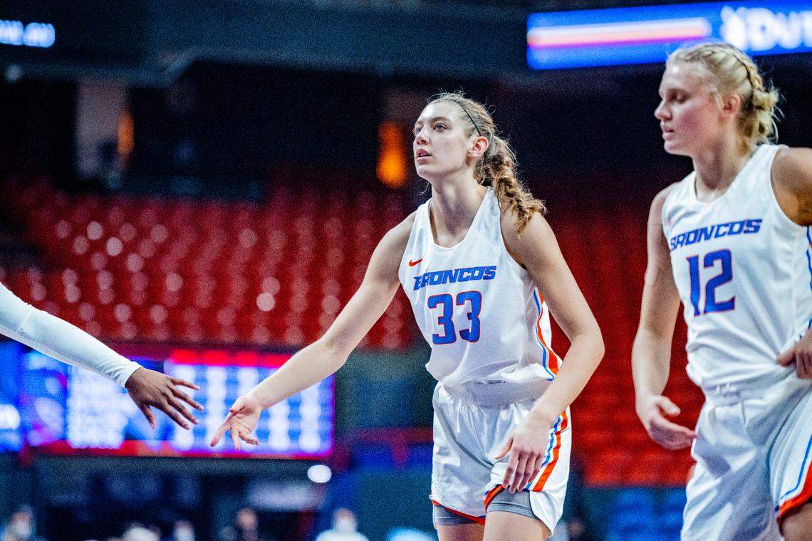 Abby Muse, center, posted her eighth double-double of the season with 12 points and 15 rebounds in Boise State’s 62-56 loss to Fresno State on Wednesday at ExtraMile Arena.