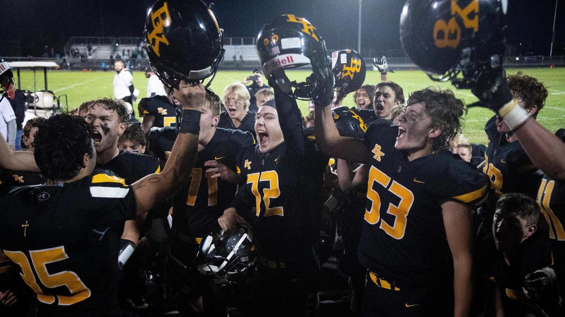 Bishop Kelly celebrates its win over Vallivue earlier this season.