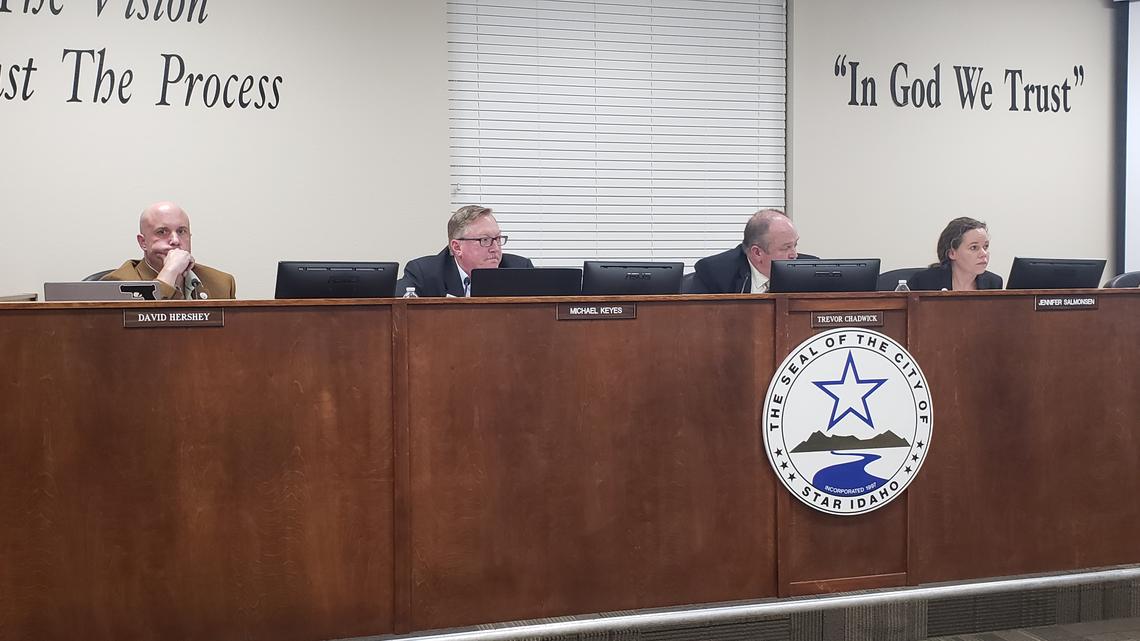 Members of the Star City Council listen Tuesday as Becky McKay, a land use consultant for Toll Brothers makes her case seeking approval of a 469-home subdivision northeast of downtown Star.