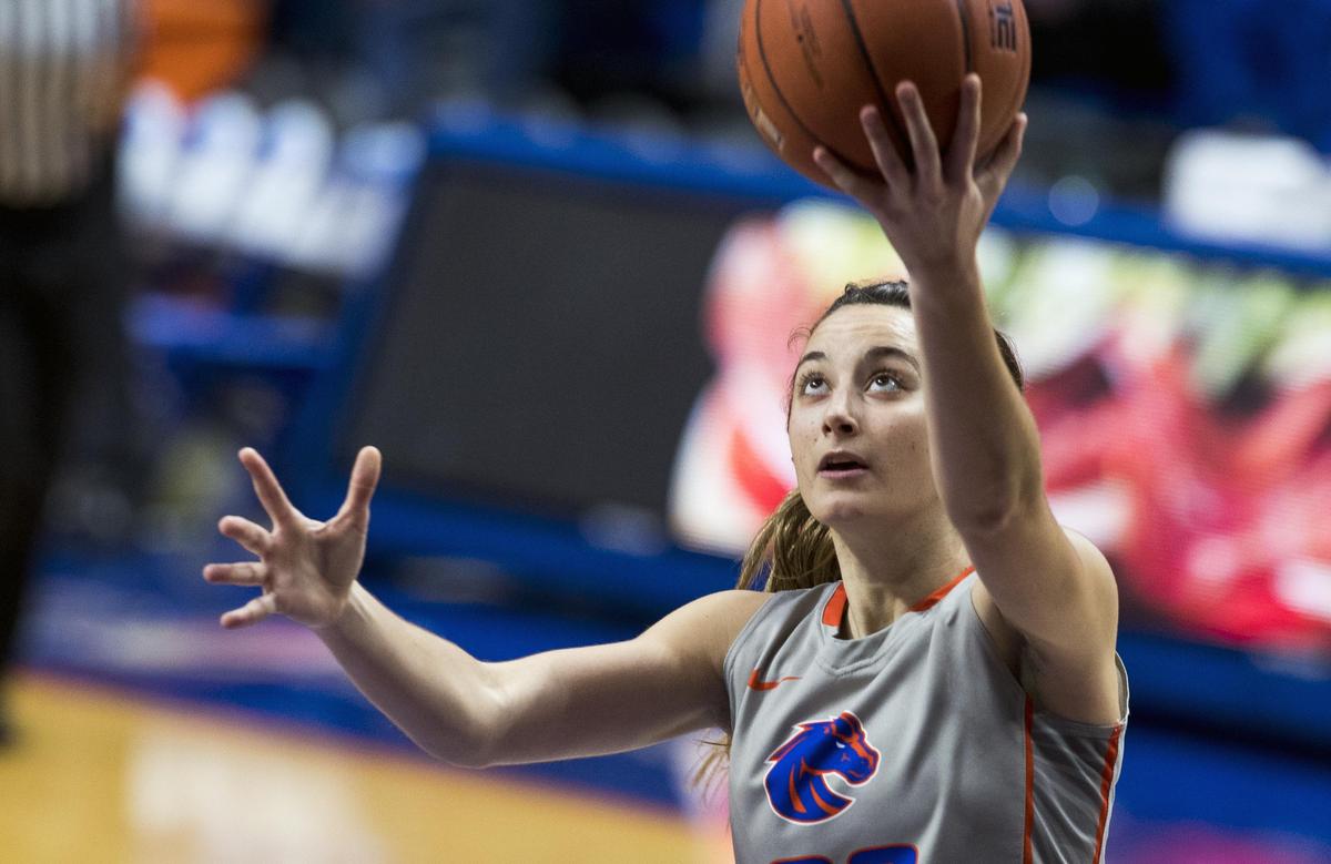 Boise State guard Marta Hermida scores easily on a layup on a fast-break pass against Southern Oregon Saturday, Nov. 10, 2018 at Taco Bell Arena in Boise.