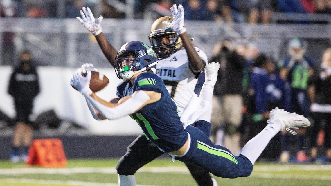 Mountain View wide receiver Dominic Sotomayer dives for a catch that brings the Mavericks within feet of the end zone Friday. Mountain View topped Capital 24-6 to clinch the 5A SIC River Division title and a spot in the 5A SIC championship game in two weeks.