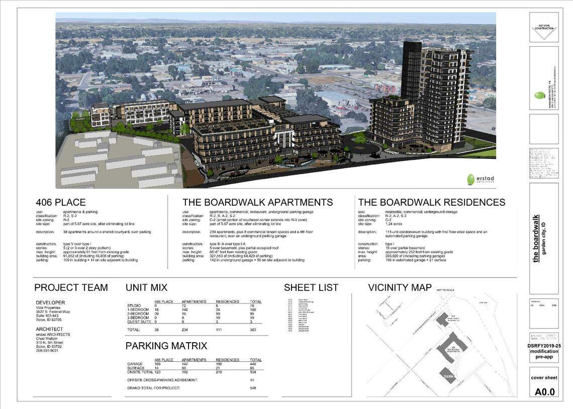 A rendering shows the completed Boardwalk project. The 18-story Boardwalk Residences lies to the right of the drawing with two apartments buildings, with the Boardwalk Apartments and 406 Place, to its left.