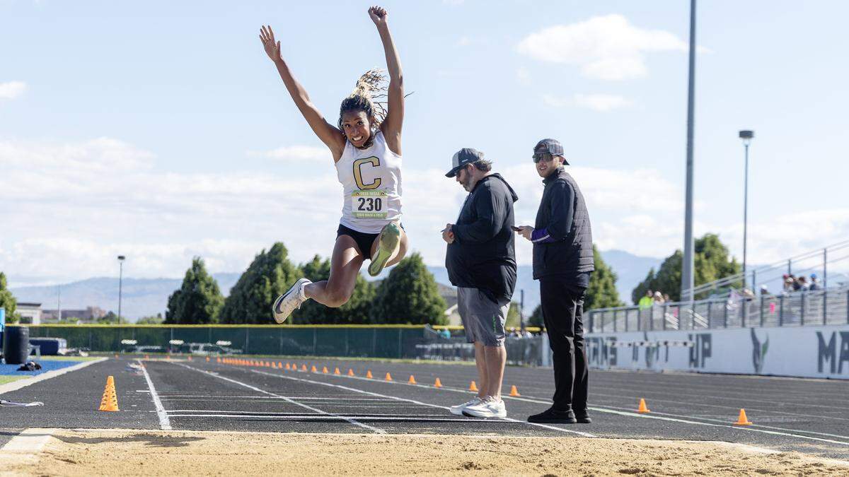 Capital's Eden Francis takes first place in 6A girls long jump at the IHSAA 6A/5A Track and Field Championships, Saturday, May 16, 2026 at Mountain View High School.