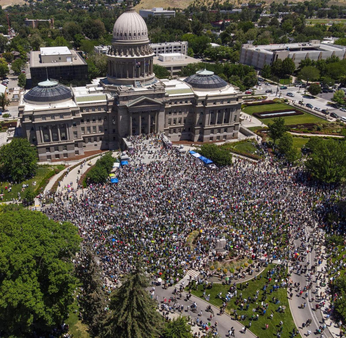 Thousands gather in front of the Idaho State Capitol Building for a No Kings protest in downtown Boise, Saturday, June 14, 2025.
