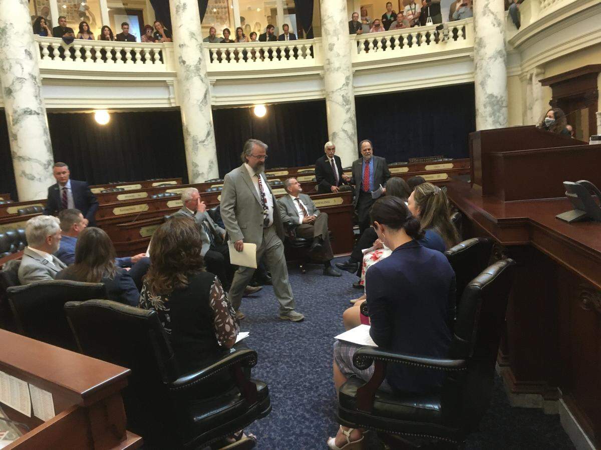 A group of Republican lawmakers convenes an unsanctioned legislative session at the Idaho State Capitol in Boise on Tuesday, June 23, 2020, to decry Gov. Brad Little’s stay home orders and to call for a special session. Despite a local spike in COVID-19 cases, lawmakers did not wear masks and sat next to each other, in violation of health guidance.