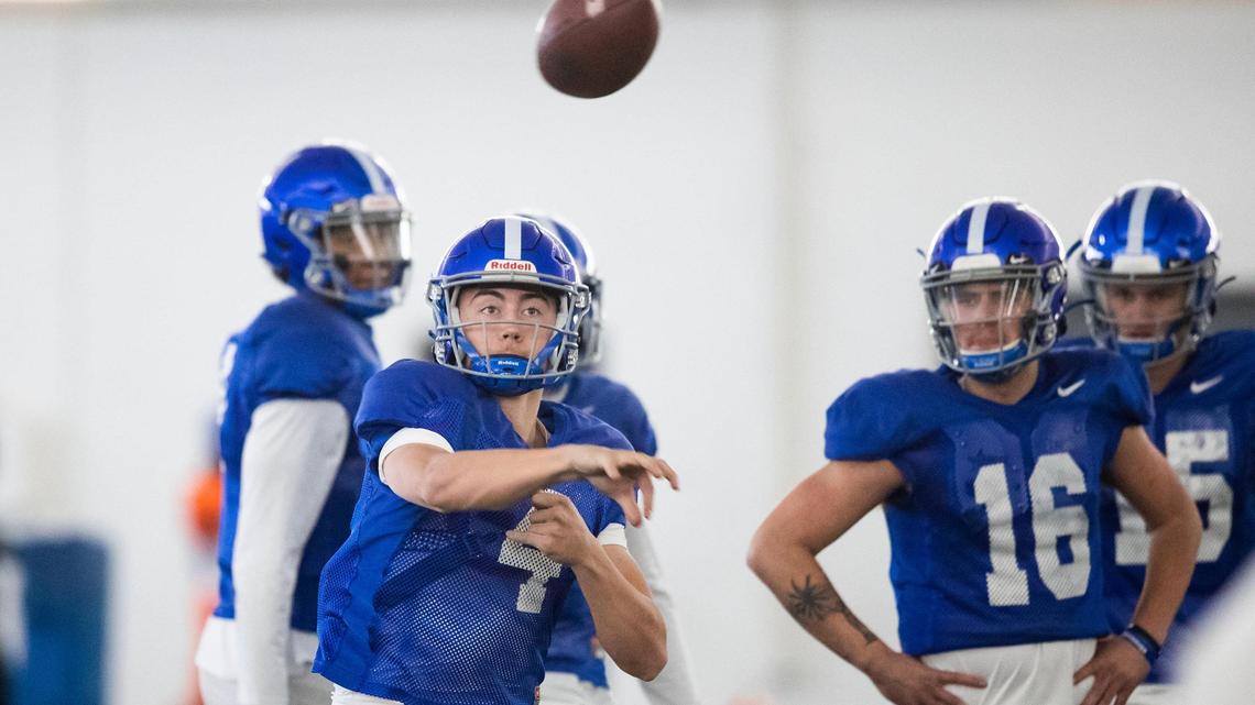 Boise State quarterback Sam Vidlak throws a pass during spring practice in the Caven-Williams Sports Complex.