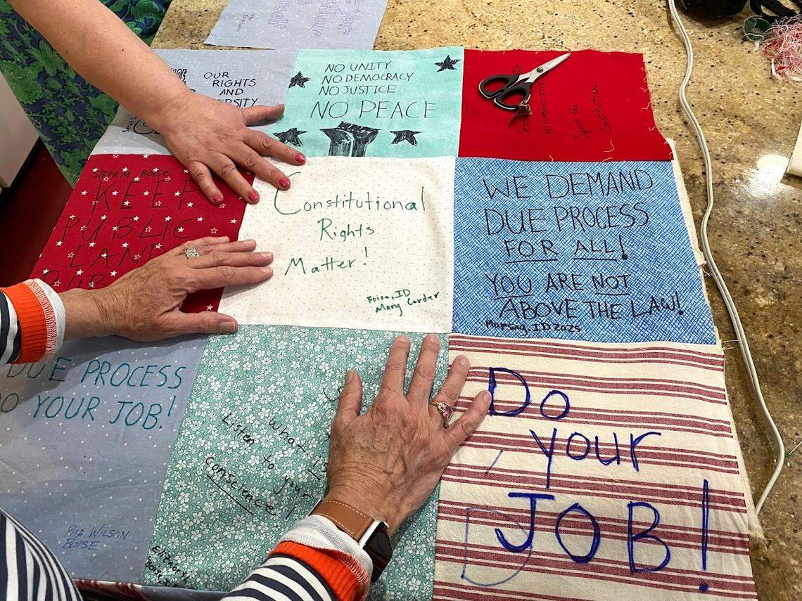 This close-up of an Idaho quilt shows some of the messages written on squares to Idaho’s congressional delegation. Five quilts from Idaho are scheduled to be delivered to lawmakers this week.