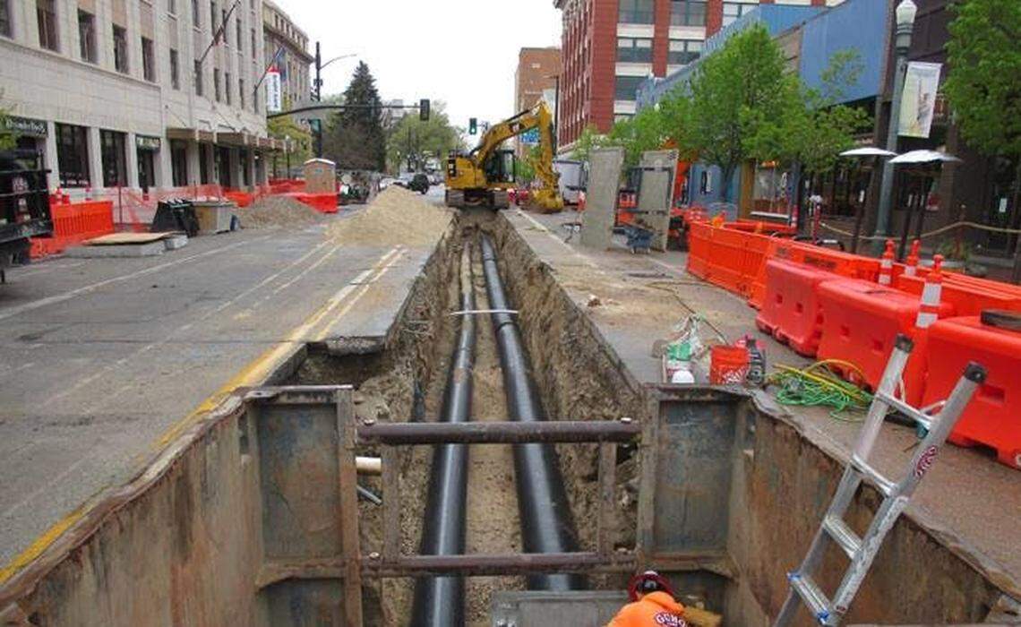 City of Boise crews replace geothermal pipes on Bannock Street in downtown Boise. The city has one of the largest geothermal heating systems in the country.