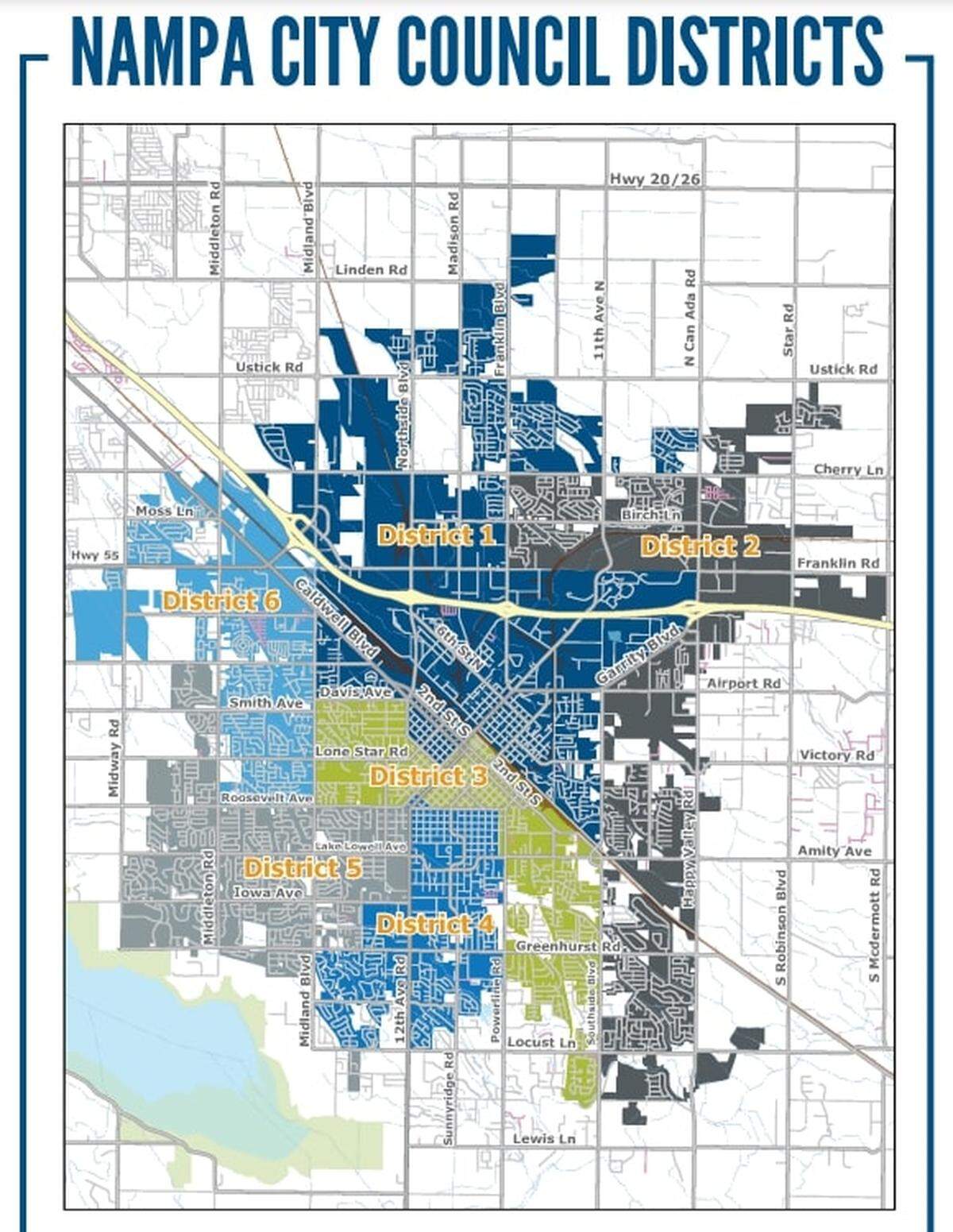A map showing Nampa’s new City Council districts. District 1 is made up of voters living mostly north and immediately south of Interstate 84. District 2 is southeast Nampa. District 3 is most of downtown Nampa. District 4 is south Nampa. District 5 is west Nampa, near Lake Lowell. And District 6 is northwest Nampa.