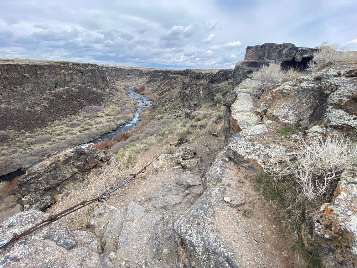 The descent into Box Canyon Springs is rocky and steep, with a cable handrail for some support. “The terrain getting down into canyon may not be for everyone,” said Thousand Springs State Park ranger Juelie Traska.