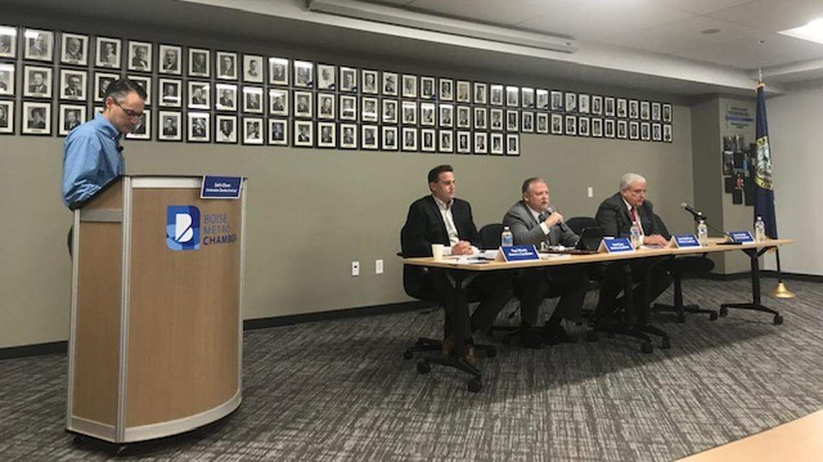 Candidates for Ada County Highway District dug into the issues Oct. 18, 2018, at a forum hosted by the Boise Metro Chamber of Commerce. Seated, from left, are District 3 incumbent Paul Woods, District 4 challenger David Case and District 4 incumbent Kent Goldthorpe.