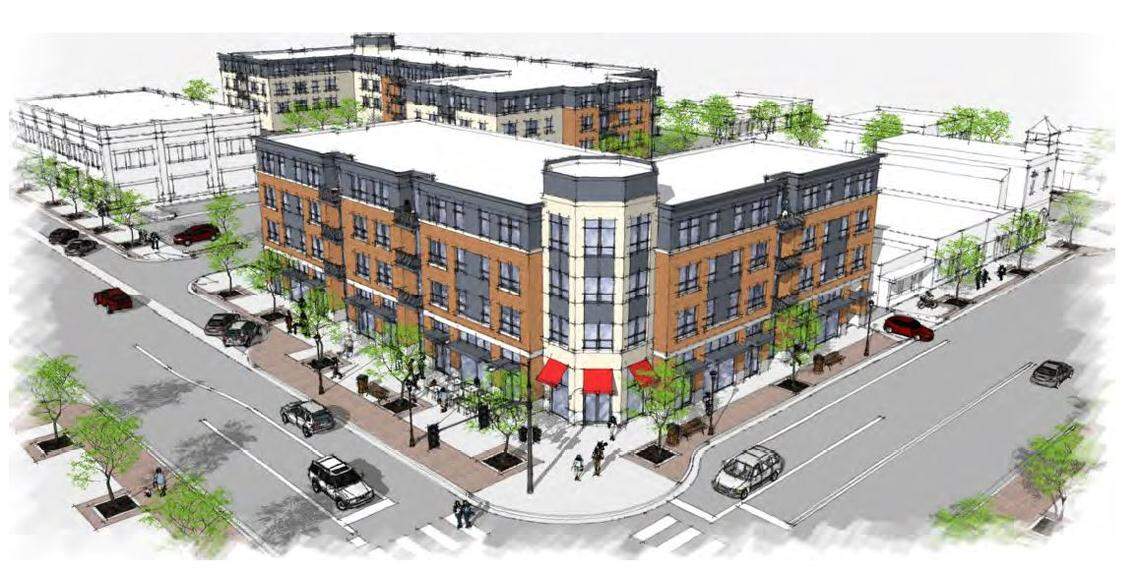 This artist’s rendering shows a development by Novembrewhisky Properties and Pacific Cos. for downtown Meridian. It would occupy space now occupied by the old city hall and two former bank buildings. The Meridian City Council chose the project over a competing one submitted by DeChase Miksis.