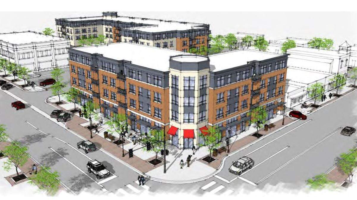Rendering showing a development by Novembrewhisky Properties and Pacific Companies for downtown Meridian that takes in the space occupied by old city hall and two former bank buildings. The Meridian City Council on Tuesday chose the project over one submitted by DeChase Miksis.