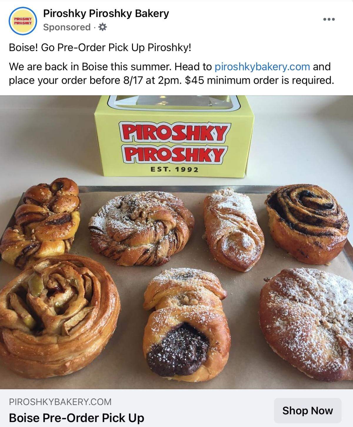 Screenshot of a Facebook ad placed by Piroshky Piroshky to publicize the Seattle company’s pop-up event in Boise next week. Although the ad shows a 2 p.m. cutoff for orders on Tuesday, the actual deadline is 3 p.m Mountain Time, 2 p.m. Pacific.