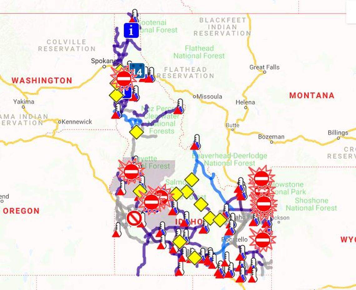 The Idaho Transportation Department’s 511 map displays multiple road closures and warnings on Wednesday, Feb. 13. ITD officials are urging people to avoid road travel as much as possible due to the winter conditions.