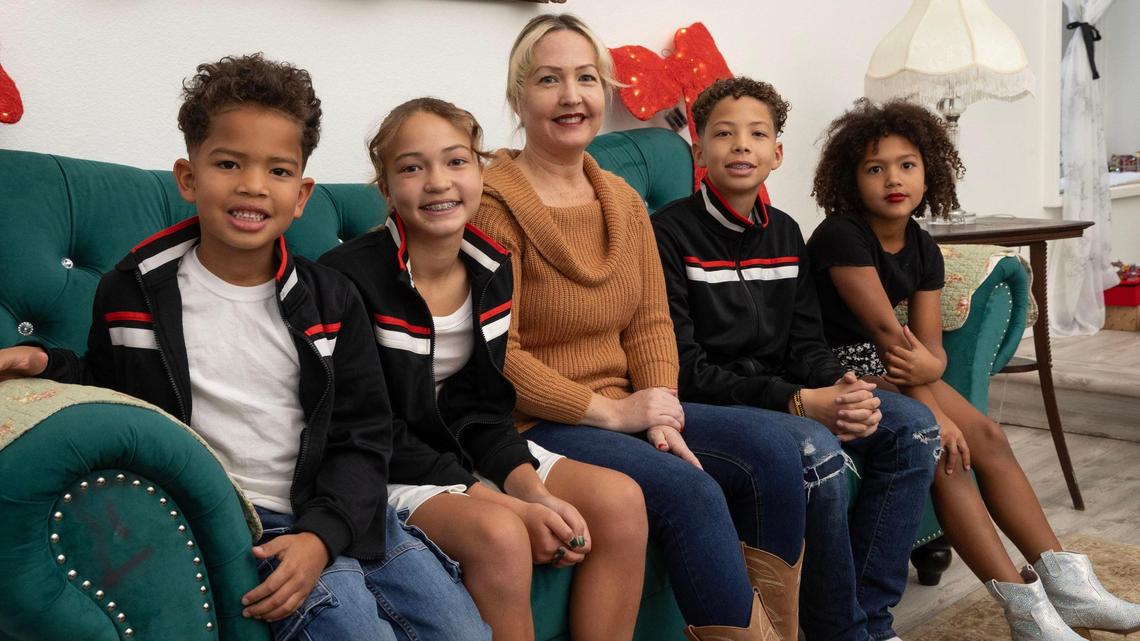 Anna Marie Young’s children, who are biracial, have faced harassment and racism in their schools in the West Ada School District. The children, from left: Jabbar Abedi, 6, Rose Stean-Mann, 11, Kyote Stean-Mann, 13, and Amirabelle Abedi, 9. Young’s husband, not pictured, is Black. West Ada recently enacted a nondiscrimination policy that requires schools to report allegations of discrimination to the school district.