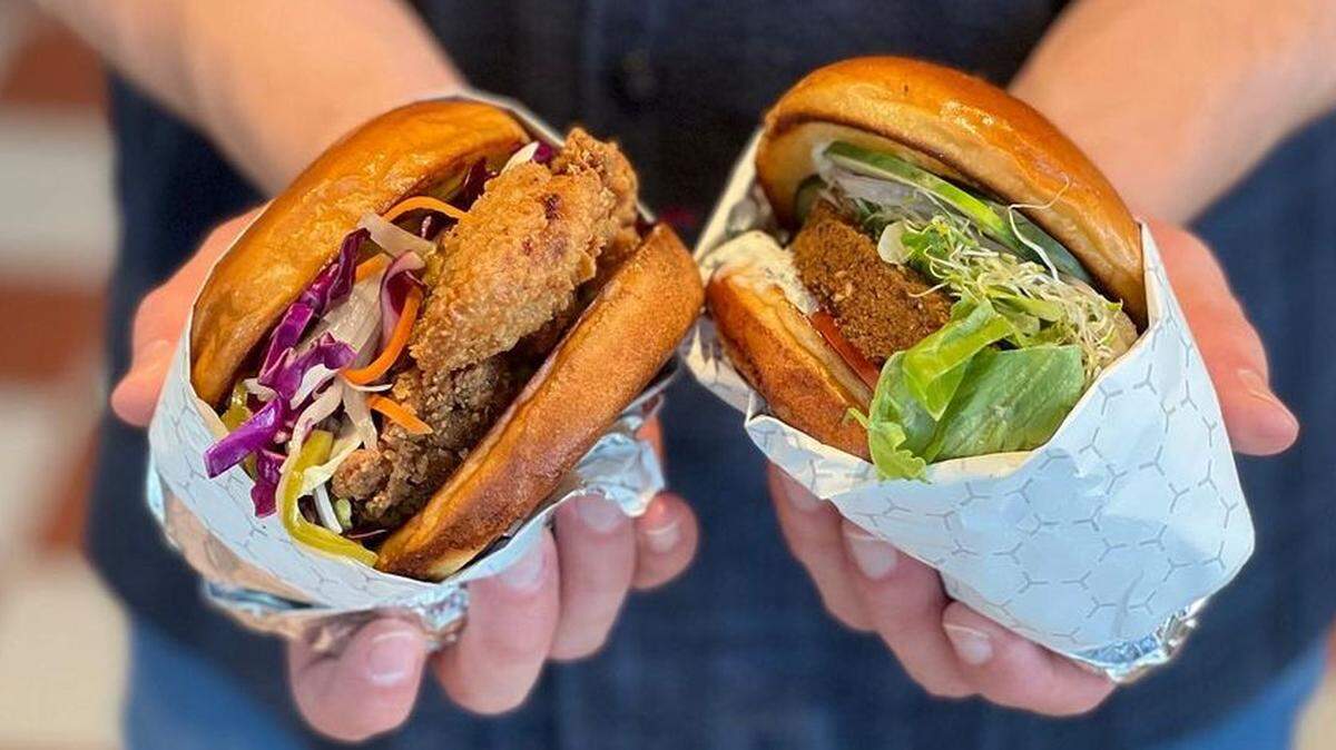 The Wyld Style Chicken Sandwich ($11.99), left, and Falafel Burger ($10.99) are two of the main entrees.