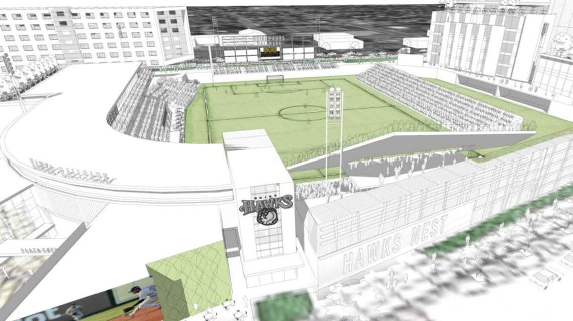 An early conceptual drawing of the proposed new stadium at Expo Idaho. This view looks north toward the Boise River and the Foothills. Adjoining commercial development would include multifamily housing, offices, stores and a parking deck.