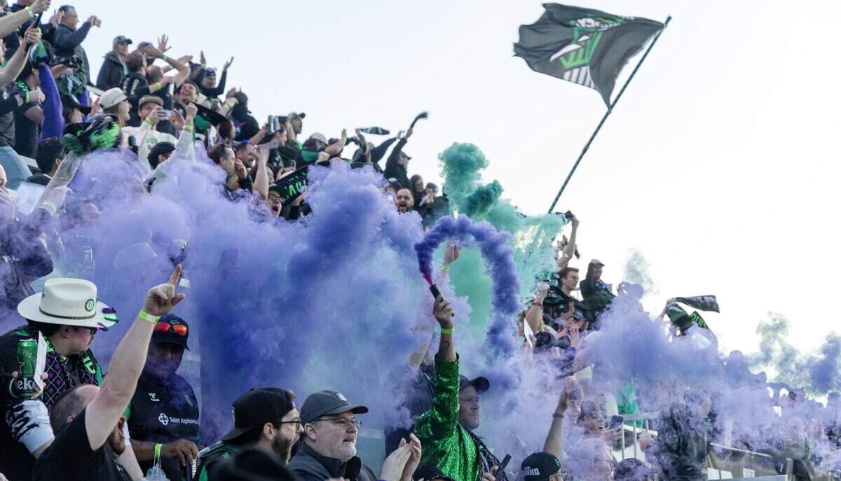 The River Guard releases green and purple colors after a goal at the first match for Athletic Club Boise, Saturday, April 4, 2026.