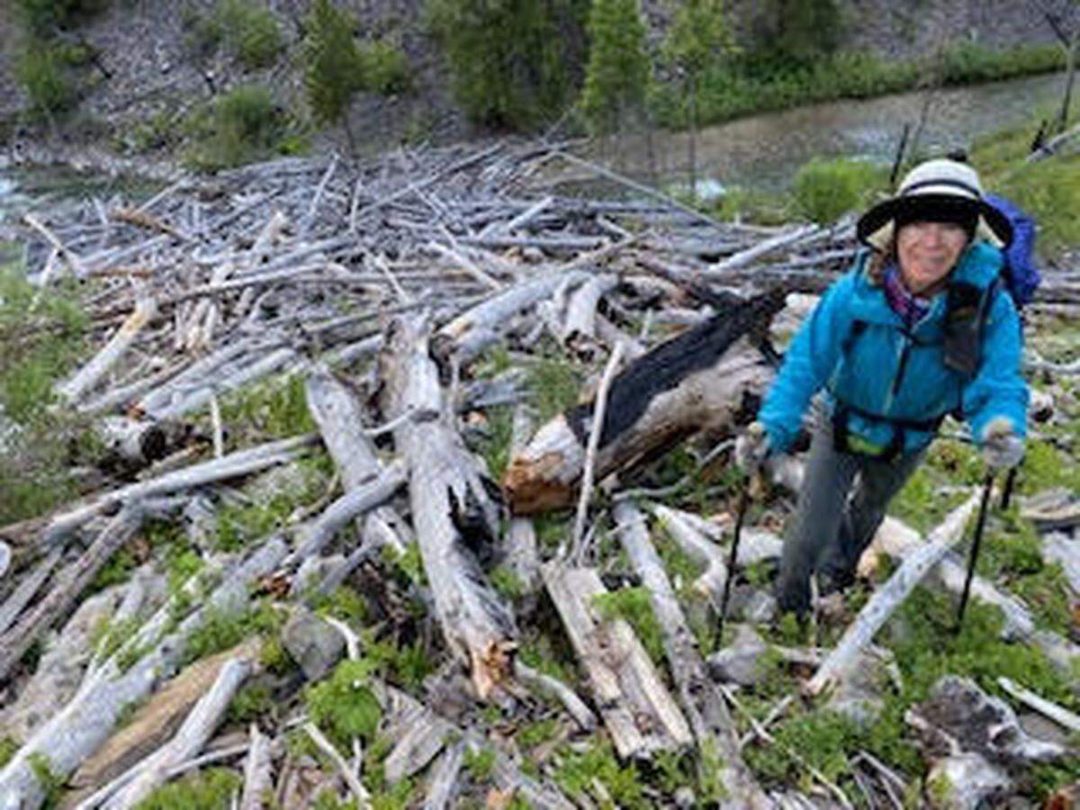 Lisa Johnson hikes through the debris of an avalanche field near Monumental Creek while hiking the Idaho Centennial Trail. Lisa and her husband, Jeremy, thru-hiked the trail this summer, covering 982 miles in 51 days.
