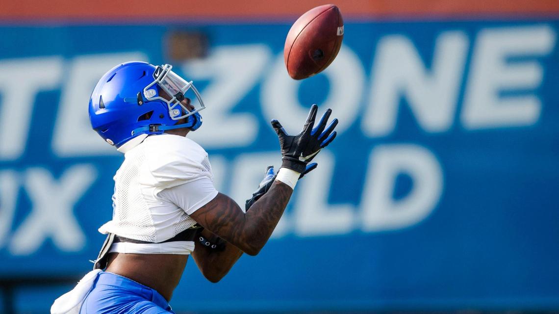 Boise State wide receiver CT Thomas catches a punt during fall camp drills Wednesday, Aug. 18, 2021.