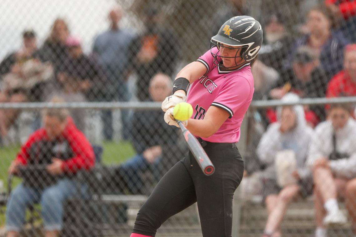 Bishop Kelly’s Lauren Fettic hits her first of two home runs against Moscow in the first round of the Idaho 4A state softball tournament last season in Coeur d’Alene.