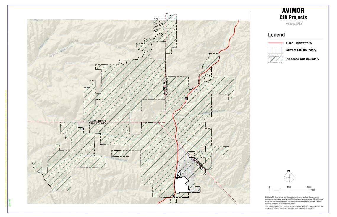 The land marked with diagonal lines is the acreage that Avimor hopes to bring into its existing community infrastructure district. The white area near the bottom, or south end, is the area already in the district.