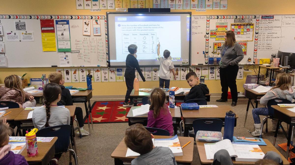 Siena Elementary School second grade teacher Carissa Yesford gives a math lesson on Jan. 19. Siena Elementary is part of the West Ada School District, which is unable to provide the full teacher raises passed by the Legislature because of how many teachers the district employs.