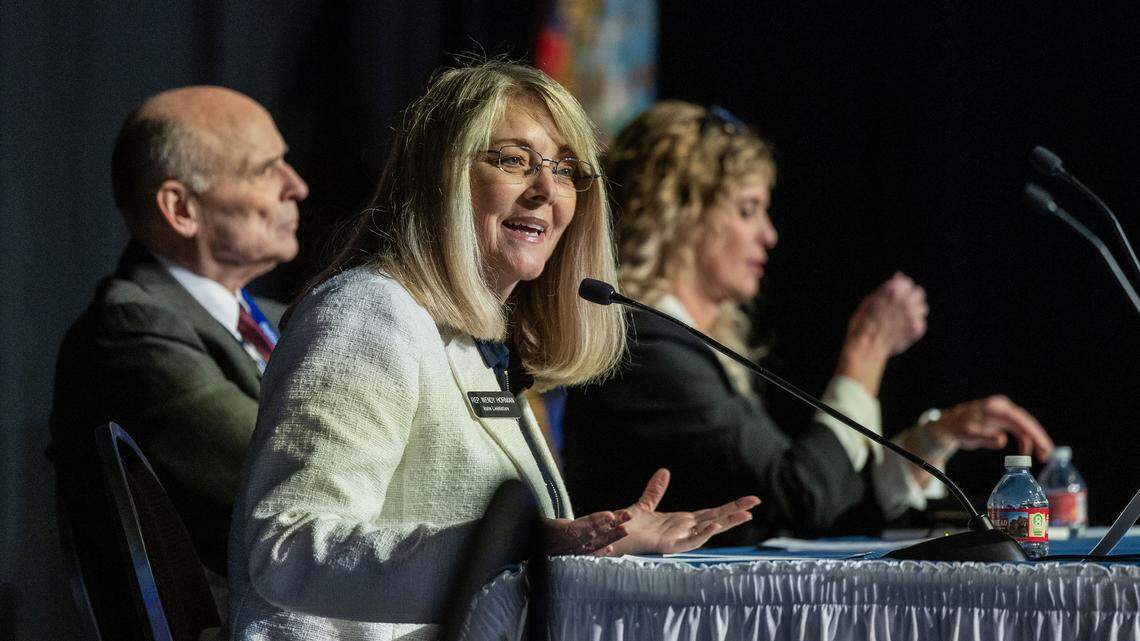Joint Finance-Appropriations Committee Cochair Rep. Wendy Horman, R-Idaho Falls, sits on a panel discussing the state budget process and forecast during conference hosted by Associated Taxpayers of Idaho in Boise, Wednesday, Dec. 3, 2025.