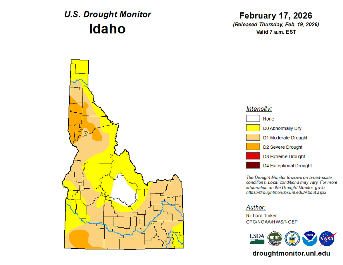 A map created by the U.S. Drought Monitor indicates which areas of Idaho were under drought conditions as of Feb. 17, 2026.
