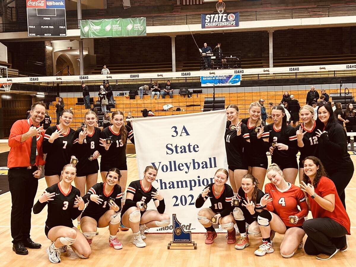 The Melba volleyball team won a third consecutive state championship, sweeping Malad in the 3A state tournament Saturday at Idaho’s Memorial Gym in Moscow.