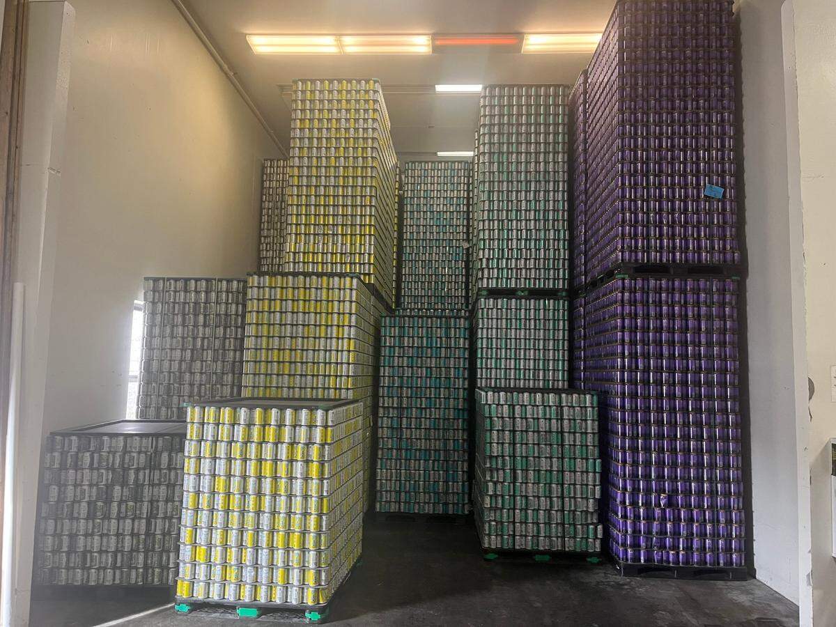 Each pallet holds 8,169 cans of beer, according to Mike Francis. There were 70 pallets of beer in the brewery during my visit.